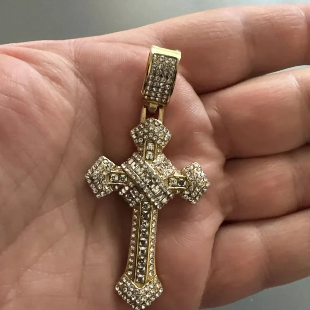 Cross Pendant Cubic Zirconia Jesus 24” Chain Gold Plated Religious Faith Gift